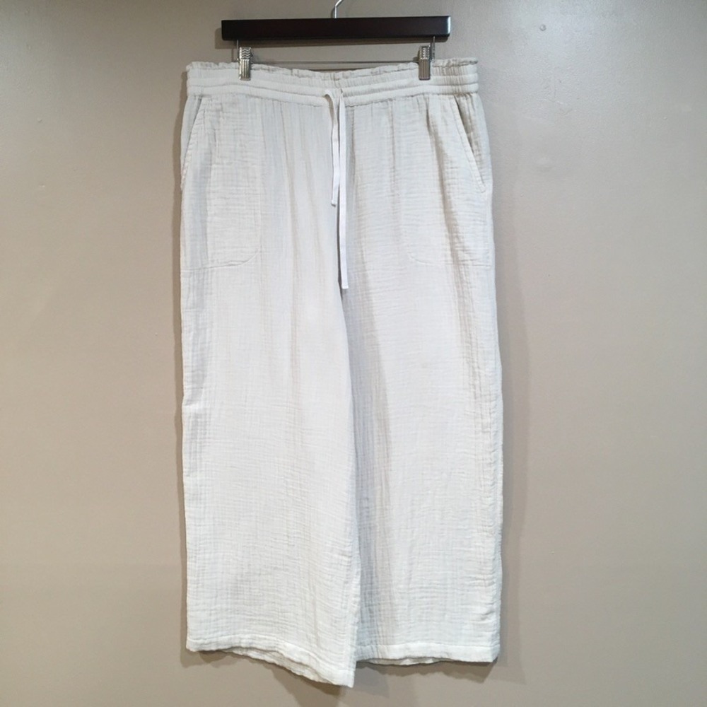 Garnet Hill Organic Cotton Gauze Wide Leg Crop Pants Womens XL Cream Coastal